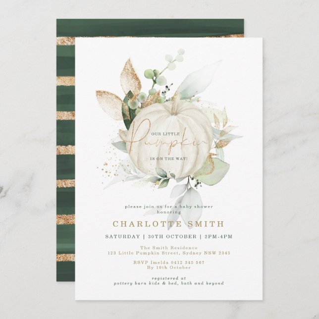 Chic Greenery Gold Pumpkin Autumn Fall Baby Shower Invitation (Front/Back)