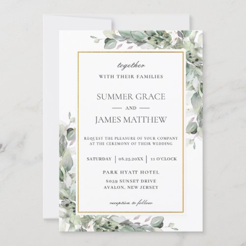 Chic Greenery Gold Sage Green Foliage Wedding Invitation