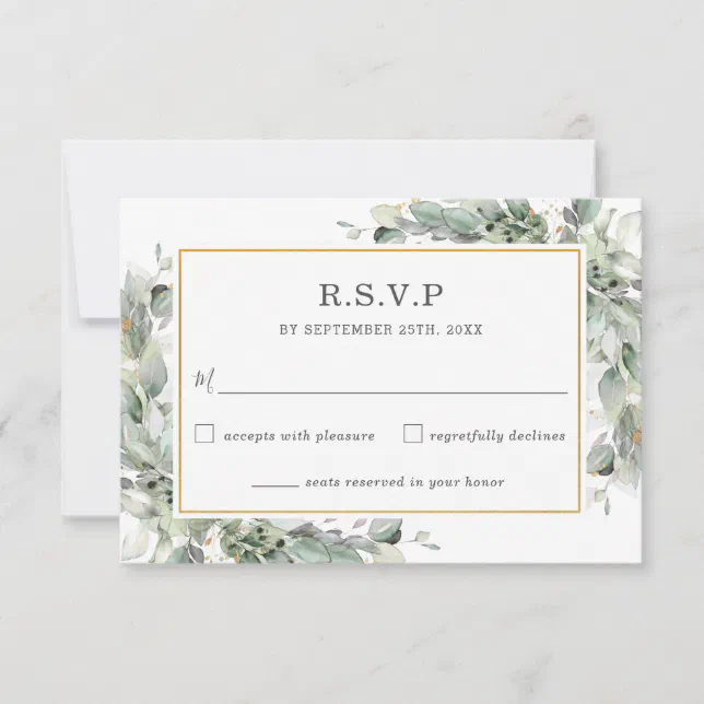 Chic Greenery Gold Sage Green Foliage Wedding RSVP Card | Zazzle