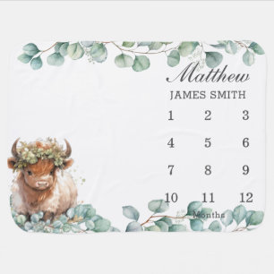 Chic Greenery Highland Cow Monthly Milestone Baby Blanket