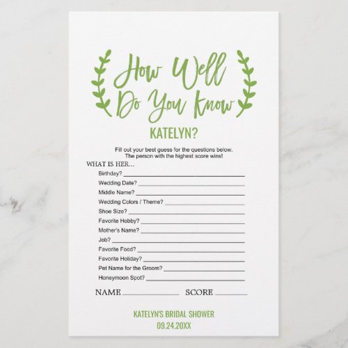 Chic Greenery How Well Do You Know The Bride Game Flyer