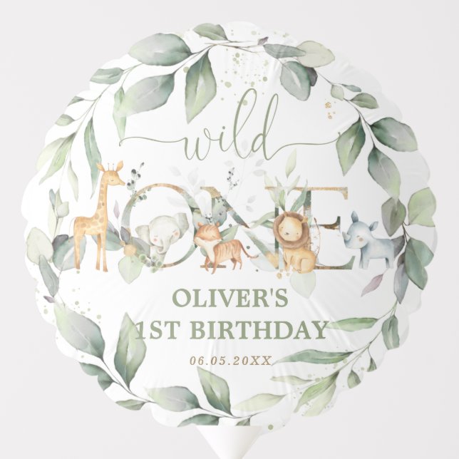 Chic Greenery Jungle Animals 1st Birthday Wild One Balloon (Front)
