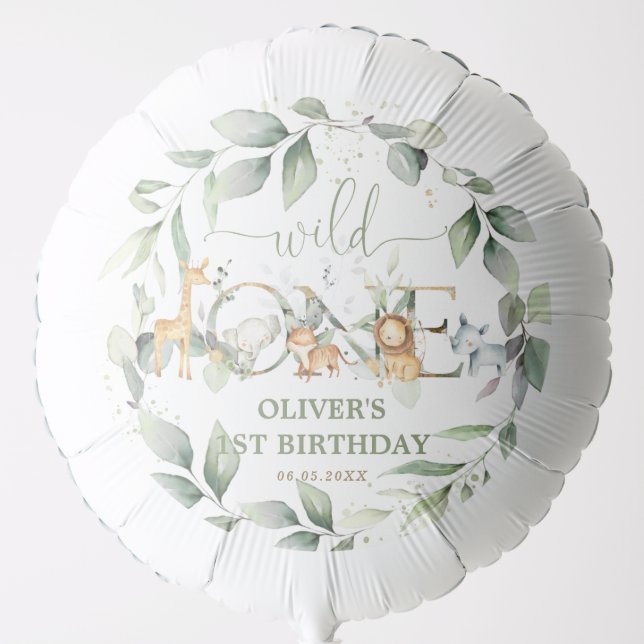 Chic Greenery Jungle Animals 1st Birthday Wild One Balloon (Front)
