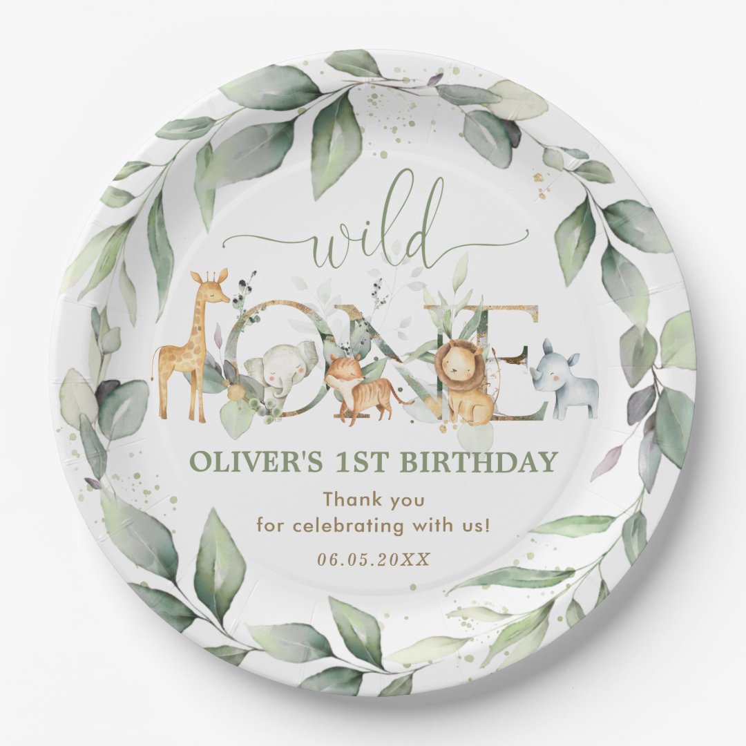 Chic Greenery Jungle Animals 1st Birthday Wild One Paper Plates | Zazzle