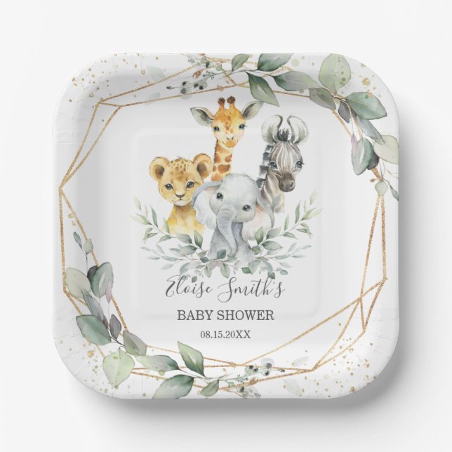 Chic Greenery Jungle Animals Baby Shower Birthday Paper Plates (Front)