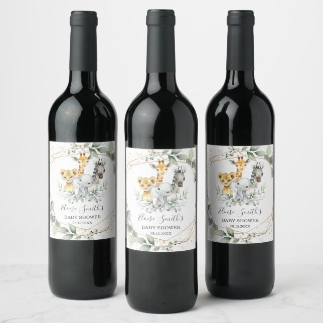 Chic Greenery Jungle Animals Baby Shower Birthday Wine Label (Bottles)