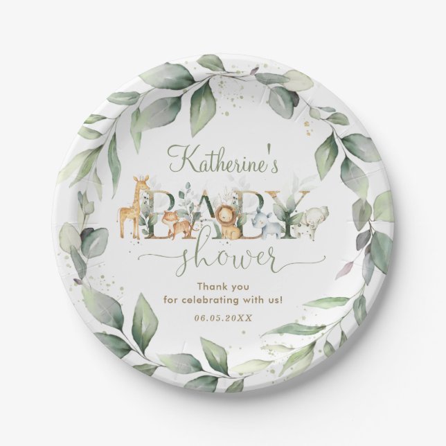 Chic Greenery Jungle Animals Baby Shower Neutral Paper Plates (Front)