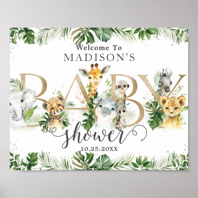 Chic Greenery Jungle Animals Baby Shower Welcome Poster (Front)