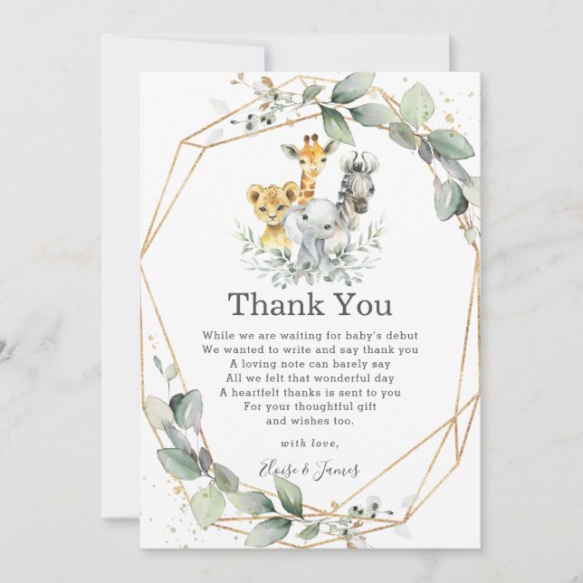 Chic Greenery Jungle Animals Neutral Baby Shower Thank You Card (Front)