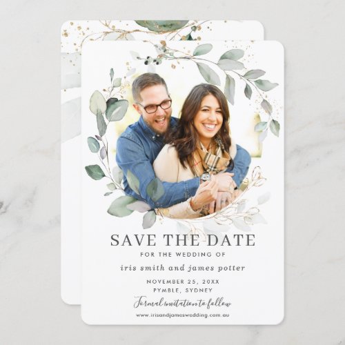 Chic Greenery Leaves Gold Photo Save the Date Card