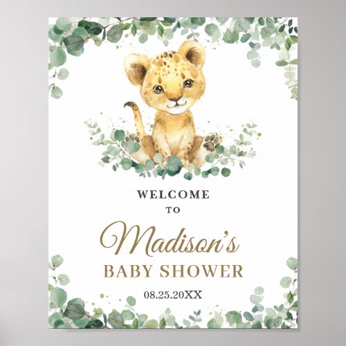 Chic Greenery Lion Cub Boy Baby Shower Welcome Poster