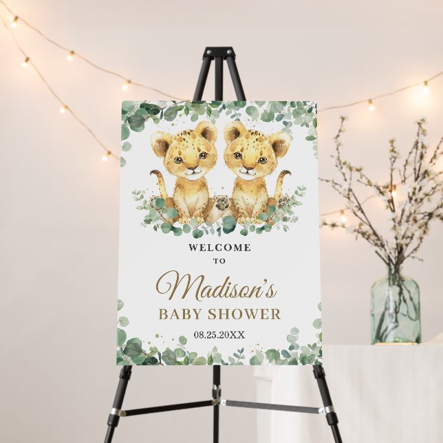Chic Greenery Lion Cub Twins Baby Shower Welcome Foam Board (In Situ (Stand))