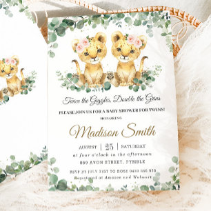 Chic Greenery Lion Cubs Twin Girls Baby Shower Invitation