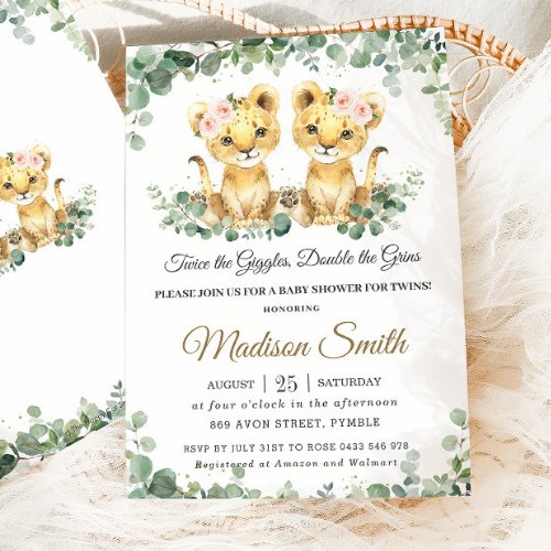 Chic Greenery Lion Cubs Twin Girls Baby Shower Invitation