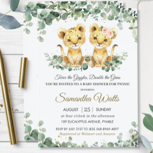 Chic Greenery Lion Cubs Twins Boy Girl Baby Shower Invitation