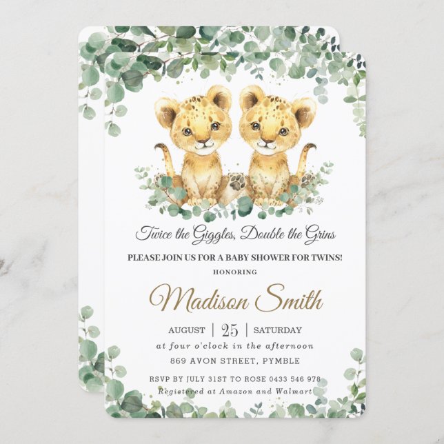 Chic Greenery Lion Cubs Twins Boys Baby Shower Invitation (Front/Back)