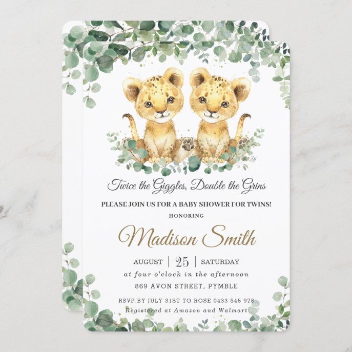 Chic Greenery Lion Cubs Twins Boys Baby Shower Invitation