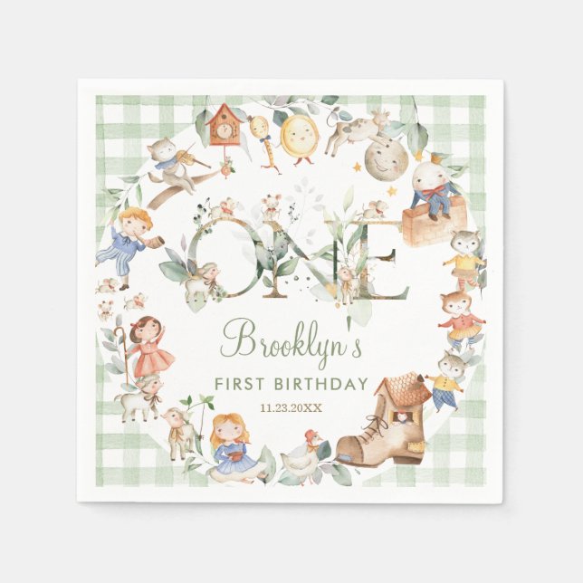 Chic Greenery Nursery Rhyme 1st Birthday Neutral Napkins (Front)