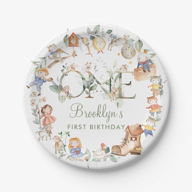 Chic Greenery Nursery Rhyme 1st Birthday Neutral Paper Plates (Front)