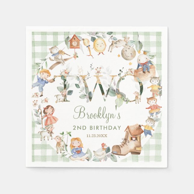 Chic Greenery Nursery Rhyme 2nd Birthday Neutral Napkins (Front)