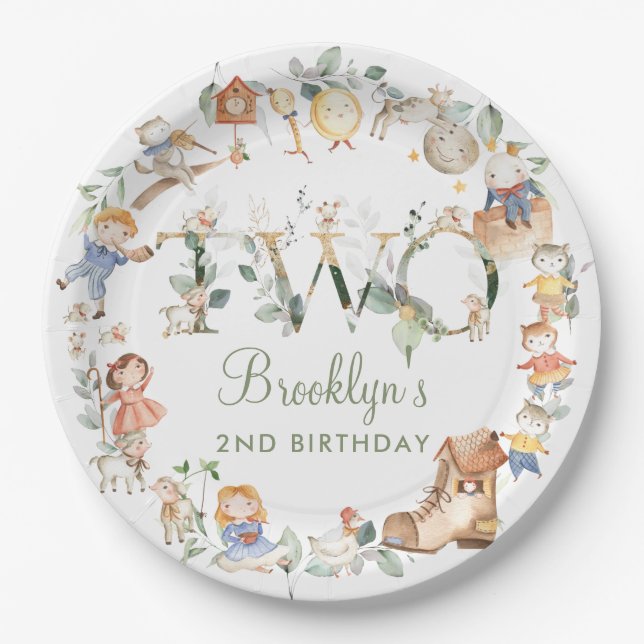 Chic Greenery Nursery Rhyme 2nd Birthday Neutral Paper Plates (Front)