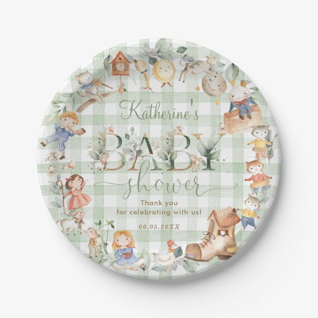Chic Greenery Nursery Rhyme Baby Shower Neutral Paper Plates (Front)