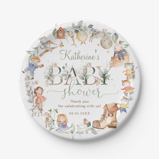 Chic Greenery Nursery Rhyme Baby Shower Neutral Paper Plates (Front)