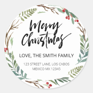 Chic Greenery Red Berries Christmas Return Address Classic Round Sticker