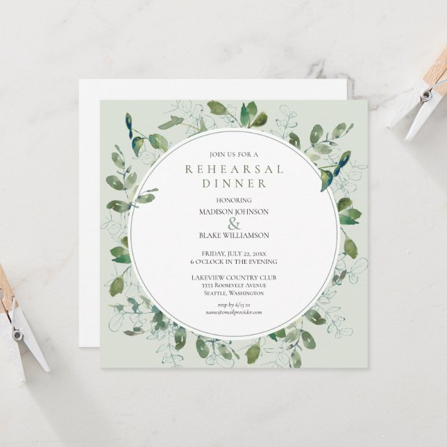 Chic Greenery Rehearsal Dinner Invitation (Front/Back In Situ)