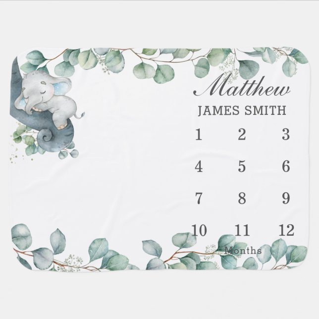 Chic Greenery Sleeping Elephant Monthly Milestone Baby Blanket (Horizontal)