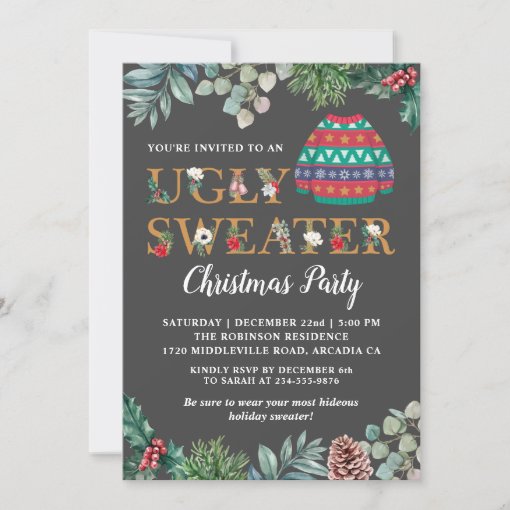 Chic Greenery Ugly Sweater Christmas Party Invitation | Zazzle