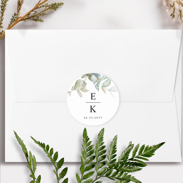 Chic Greenery Wedding Monogram Envelope Seal/Favor Classic Round Sticker (Creator Uploaded)