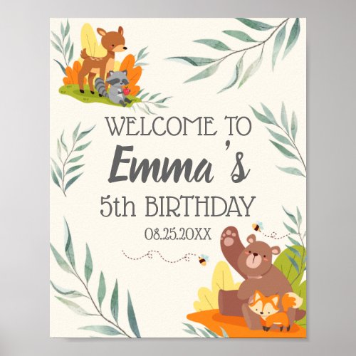 Chic Greenery Woodland Animals 5th Birthday Fores Poster