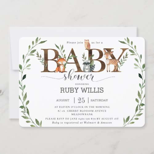 Chic Greenery Woodland Animals Baby Shower Boy Invitation