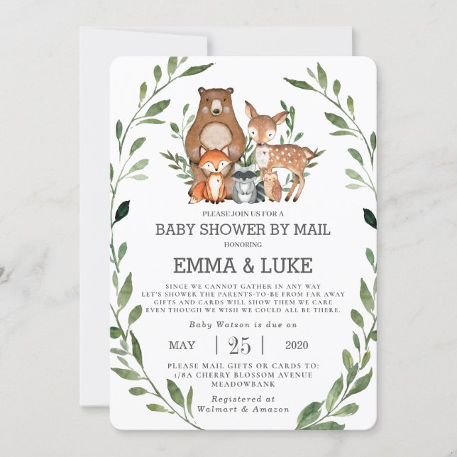 Chic Greenery Woodland Animals Baby Shower by Mail Invitation (Front)