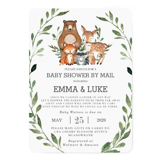 Chic Greenery Woodland Animals Baby Shower by Mail Invitation