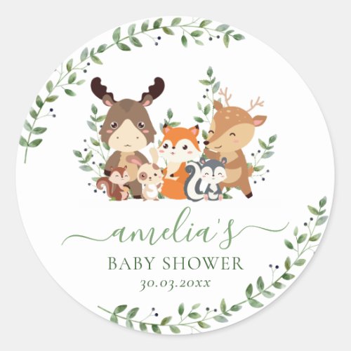 Chic Greenery Woodland Animals Baby Shower Favor Classic Round Sticker