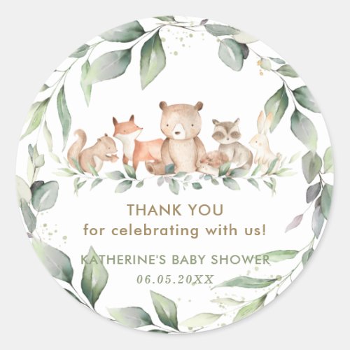 Chic Greenery Woodland Animals Baby Shower Favours Classic Round Sticker