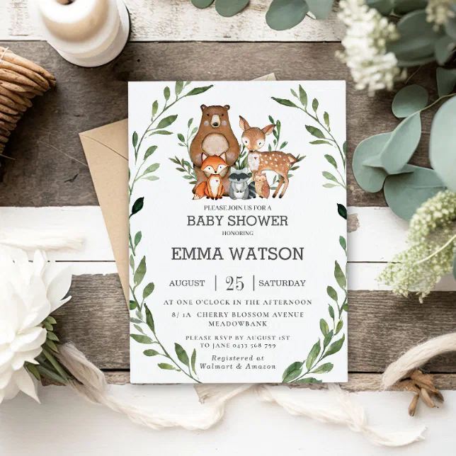 Chic Greenery Woodland Animals Baby Shower Forest Invitation | Zazzle