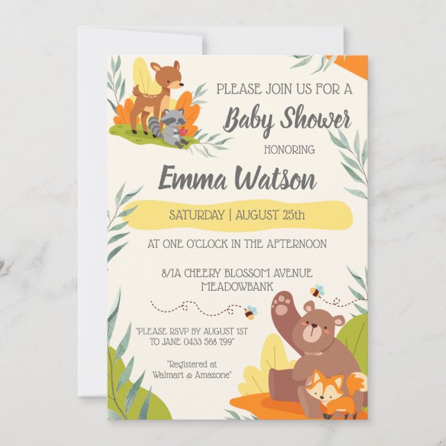 Chic Greenery Woodland Animals Baby Shower Forest Invitation (Front)