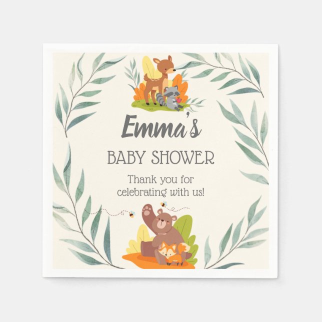 Chic Greenery Woodland Animals Baby Shower Forest Napkins (Front)