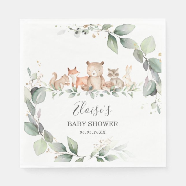Chic Greenery Woodland Animals Baby Shower Neutral Napkins (Front)