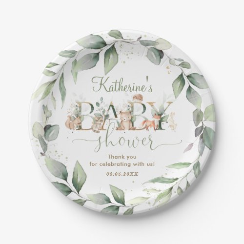 Chic Greenery Woodland Animals Baby Shower Neutral Paper Plates
