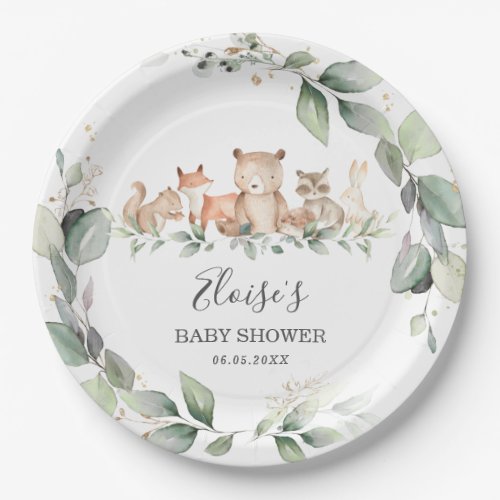 Chic Greenery Woodland Animals Baby Shower Neutral Paper Plates
