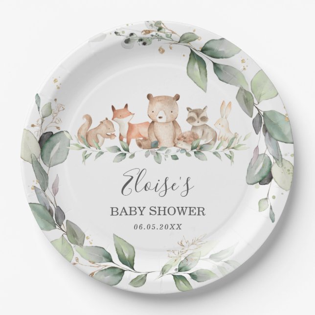 Chic Greenery Woodland Animals Baby Shower Neutral Paper Plates (Front)