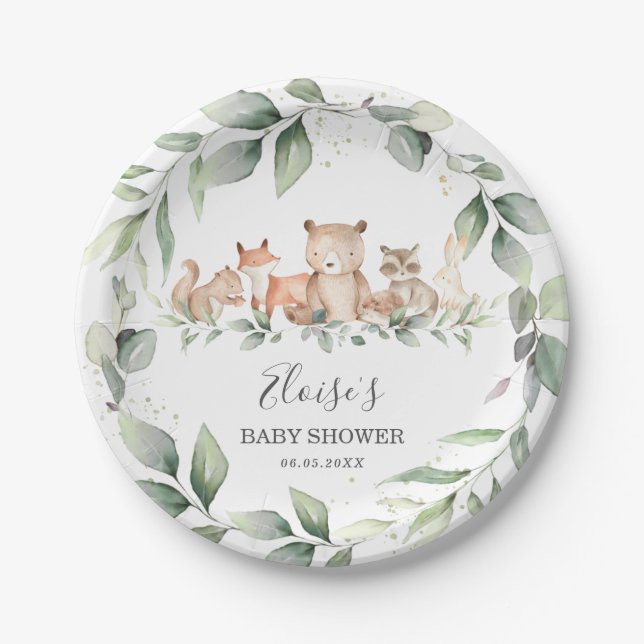 Chic Greenery Woodland Animals Baby Shower Neutral Paper Plates (Front)