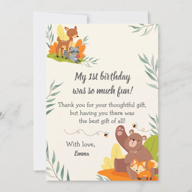 Chic Greenery Woodland Animals Forest 1st Birthday Thank You Card (Front)