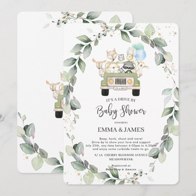 Chic Greenery Woodland Drive By Baby Shower Boy Invitation (Front/Back)