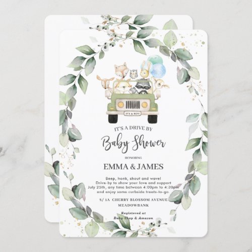 Chic Greenery Woodland Drive By Baby Shower Boy Invitation