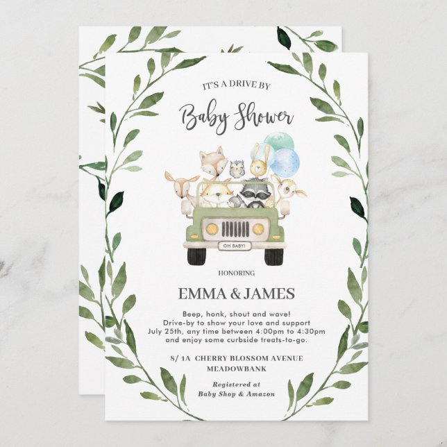 Chic Greenery Woodland Drive By Baby Shower Boy Invitation (Front/Back)